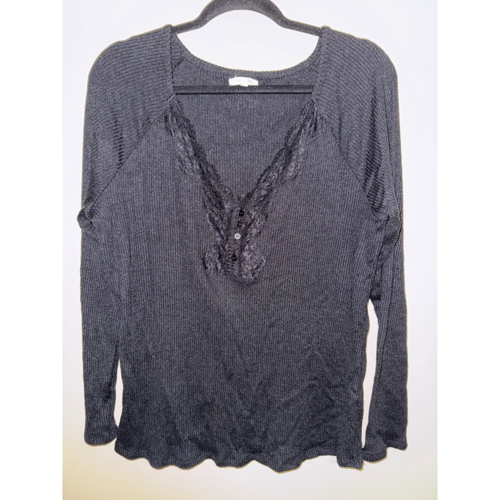 Maurices Grunge Black Ribbed Lace Henley V-Neck Long Sleeve Top XXL Minimalist